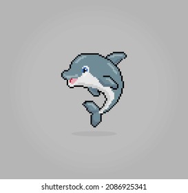 8 bit pixel dolphins. Animals for asset games in vector illustrations. Cross Stitch pattern.