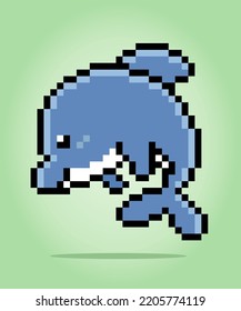 8 bit pixel dolphins. Animals for asset games in vector illustrations. Cross Stitch pattern.