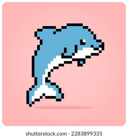 Delfines de 8 bits en píxeles. Animales para activos de juegos y patrón Cross Stitch en ilustraciones vectoriales.