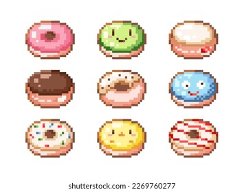 8 bit pixel donuts set. Vector retro video game collection of colorful donut icons in 8bit gamer style. Chocolate and creamy sweet cakes for food stickers, labels, decorations, logo and more.