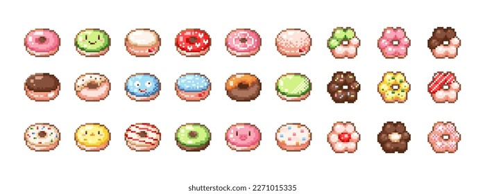 8 bit pixel donuts set. Vector retro video game collection of colorful donuts icons in 8bit gamer style. Chocolate and creamy doughnuts. Food stickers, labels, sweet shops and confectionery logos.