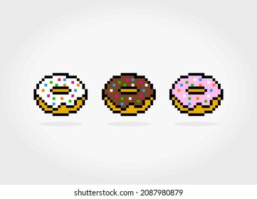 8 bit pixel donuts various flavors. Food in vector illustration, cross stitch pattern.
