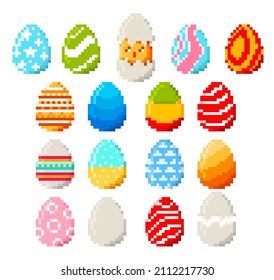 8 bit pixel Easter eggs and chicken. Pixel art game isolated eggs with vector yellow chick baby bird, broken shells and color pattern of circles, stars and stripes, Easter spring holiday egg hunt game