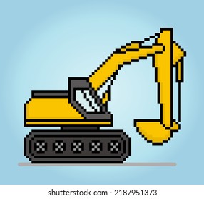 8 bit pixel excavator. construction car object for game assets in vector illustration.