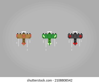 8 bit pixel fighter aircraft, for game assets and cross stitch patterns in vector illustrations.