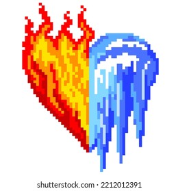 8 bit pixel fire and ice heart shaped vector illustration svg