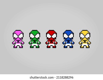 8 bit pixel five hero rangers. Human pixels for game assets and cross stitch patterns in vector illustrations.