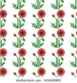 8 bit pixel floral background, seamless pattern with poppy. Template for greeting cards, invitations, textiles. Graphic design page. Vector graphic flowers.