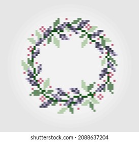 8 bit pixel flower ornaments. Circle of flowers for cross stitch patterns, in vector illustrations.