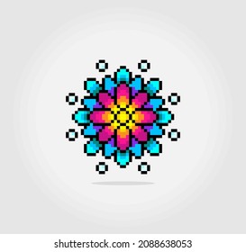 8 bit pixel flower ornaments. Circle of flowers for cross stitch patterns, in vector illustrations.