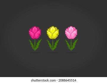 8 bit pixel flower of tulip. Set of flowers for cross stitch patterns, in vector illustrations.