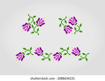 8 bit pixel flower vine. Purple flowers for cross stitch patterns, in vector illustrations.