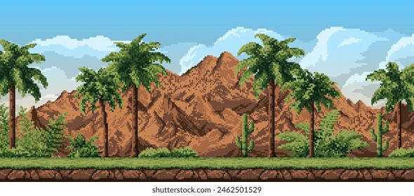 8 bit pixel forest landscape with mountains, palm trees and cactus, vector background for game level. 8bit pixel art landscape of Amazon forest with ferns and palms of Africa mountains or Madagascar