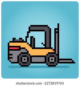 8 bit pixel forklift. construction vehicles for game assets in vector illustration.