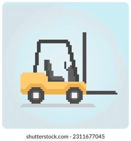 8 bit pixel forklift. construction vehicles for game assets in vector illustration.