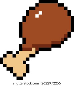 8-Bit-Pixel-Brathähnchen. Köstliches Huhn. Chicken Leg Pixel Art-Symbol. flacher Stil.