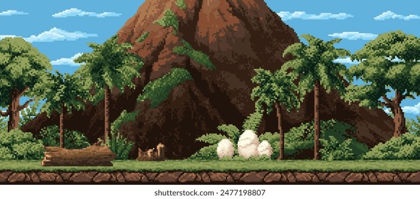 8 bit pixel game tropical forest landscape, volcano mountain and dinosaur eggs, vector background. Jurassic park or dinosaur island landscape in 8bit pixel for arcade game level of mountain and palms