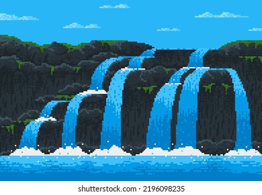 8 Bit Pixel Game Waterfall Cascade Landscape For Video Arcade Level, Vector Background. 8bit Water Fall From Mountain Rock To Sea Or Ocean, Island Adventure Pixel Game Cartoon Waterfall Landscape