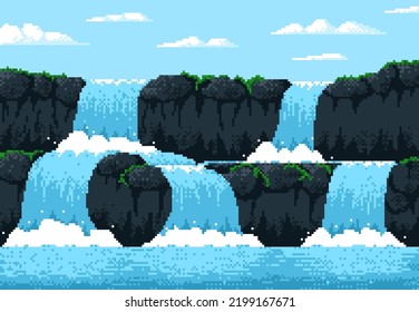 8 Bit Pixel Game Waterfall Cascade Landscape, Video Arcade Vector Background. 8bit Pixel Art Water Fall With Splashes From Mountain Rock Or Volcano Island, For Game Level And Cartoon Interface