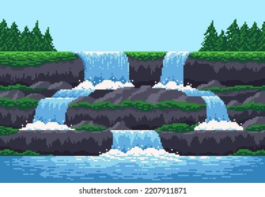 8 bit pixel game waterfall cascade landscape, vector background for video arcade game level. 8bit river water fall from mountain or sea cave cascade, ocean island with forest trees for pixel landscape