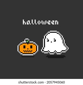 8 bit Pixel ghost. Cute ghost and pumpkin in vector illustration.