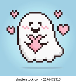 8 Bit Pixel Ghost. Cute Flying Ghost Hugging A Love In Vector Illustration