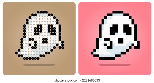 8 bit Pixel ghost. Cute flying ghost for cross stitches and beads pattern in vector illustrations.