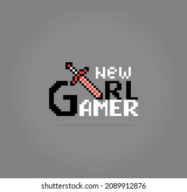 8 bit pixel girl gamers. Game experts for game assets and cross stitch patterns in vector illustrations.