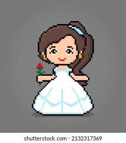 8 bit pixel girl holding flowers, princess pixels for game assets and cross stitch patterns in vector illustrations.