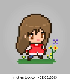 8 bit pixel girl saw flowers, princess pixels for game assets and cross stitch patterns in vector illustrations. svg