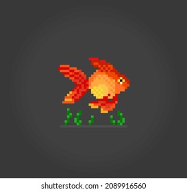 8 bit pixel golden fish. Animal for game assets and cross stitch patterns in vector illustrations.
