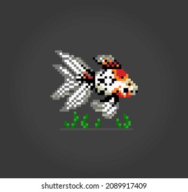 8 bit pixel golden fish. Animal for game assets and cross stitch patterns in vector illustrations.