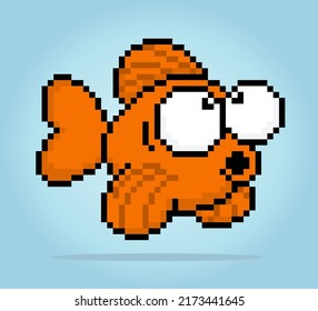 8 bit pixel golden fish. Animal for game assets and cross stitch patterns in vector illustrations.