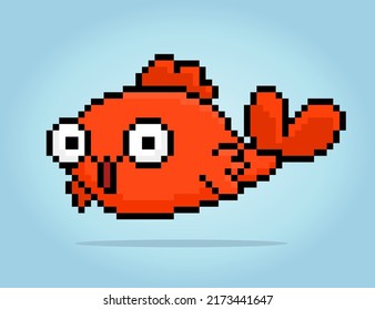 8 bit pixel golden fish. Animal for game assets and cross stitch patterns in vector illustrations.