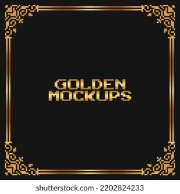 8 bit pixel golden frame. border text gold for game assets in vector illustrations.