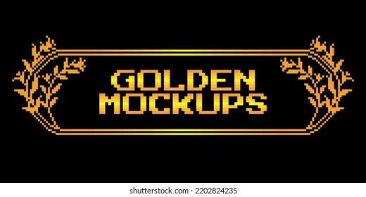 8 bit pixel golden frame. border text gold for game assets in vector illustrations.
