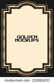 8 bit pixel golden frame. border text gold for game assets in vector illustrations.