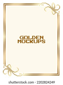 8 bit pixel golden frame. border text gold for game assets in vector illustrations.