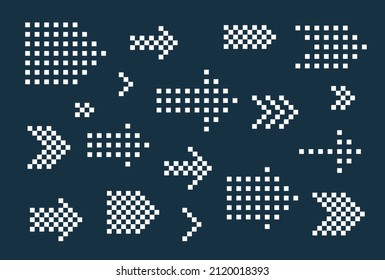 8 Bit pixel halftone arrows vector set of icons, collection of arrow direction cursors in old PC or gaming console style, single color symbols for logos.
