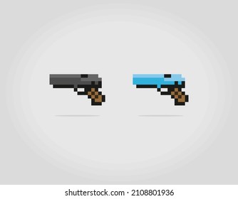 8 bit pixel of handgun. Weapon for game assets and cross stitch patterns in vector illustrations.