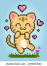 8 bit Pixel, happy cat. Animals for game assets and beads pattern in vector illustrations.