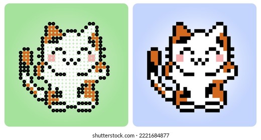 8 bit Pixel, happy cat. Animals for game assets and beads pattern in vector illustrations.