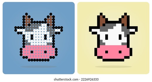 8 bit pixel head of a cow. Animals for game assets in vector illustrations. Beads Pattern of a Cow