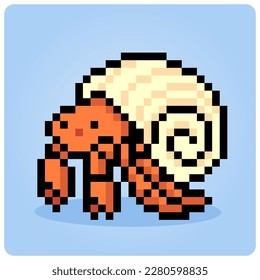 8 bit pixel of hermit crab. Pixel animals for game assets and cross stitch patterns in vector illustrations.