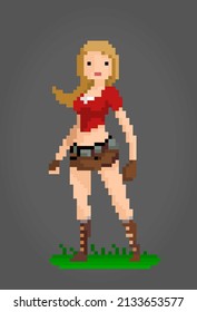 8 bit pixel a hero girl. Woman pixels for game assets and cross stitch patterns in vector illustrations.