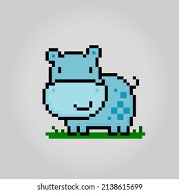 8 bit pixel hippo. Animals for game assets and cross stitch patterns in vector illustrations.