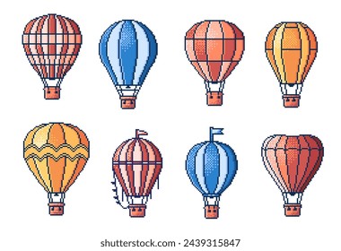 8 bit pixel hot air balloons, arcade game asset. Isolated vector set of aircraft transport in vintage pixelated style. Nostalgic videogame graphics, colorful retro airships or aerostats with baskets