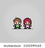 8 bit pixel human couples. Male and girl pair for game assets and cross stitch patterns in vector illustrations.