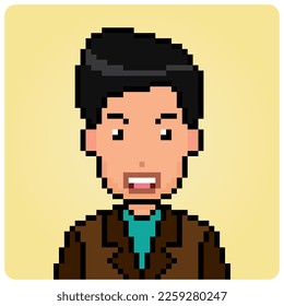 8 bit pixel human portrait. Cartoon man for game assets in vector illustration.