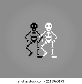 8 bit pixel human skeleton, for game assets and cross stitch patterns, in vector illustrations